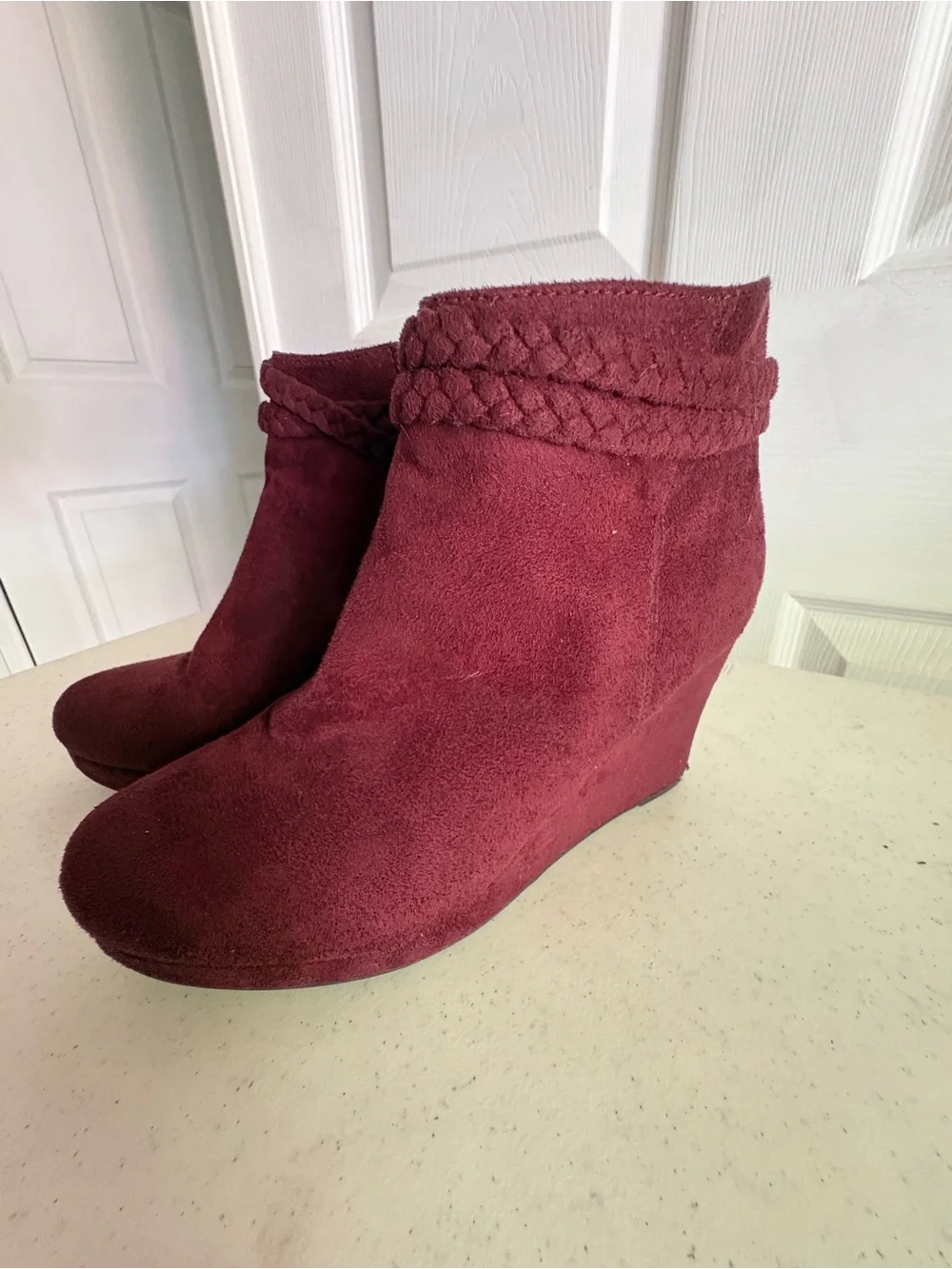 JustFab Burgundy Suede Braided Trim Wedge Booties
